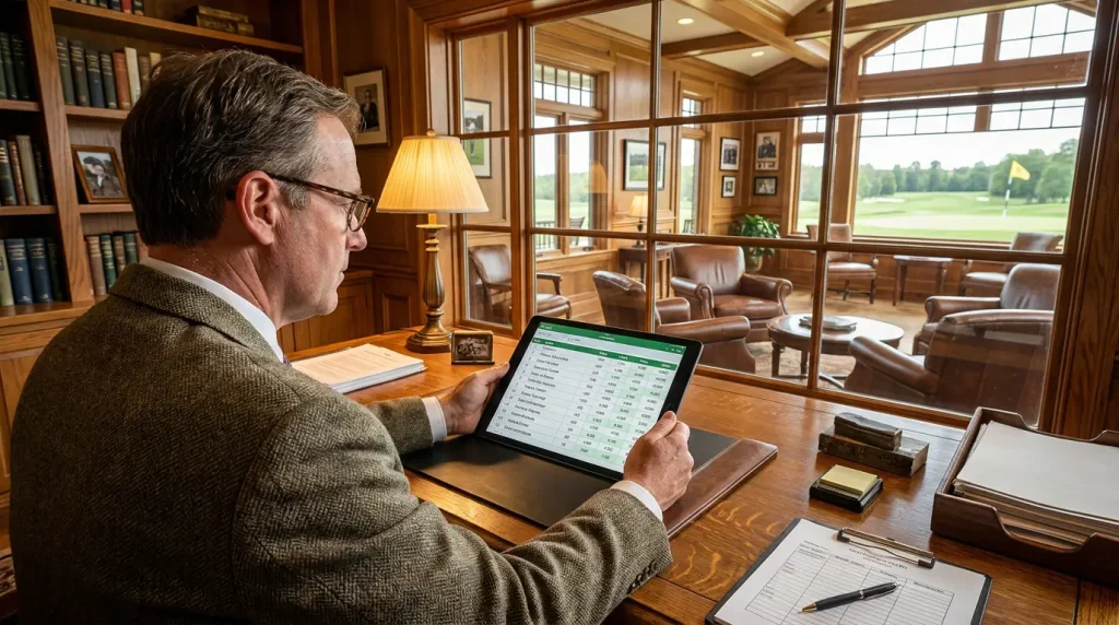 Golfer studying early tournament odds on a tablet at a quiet golf club