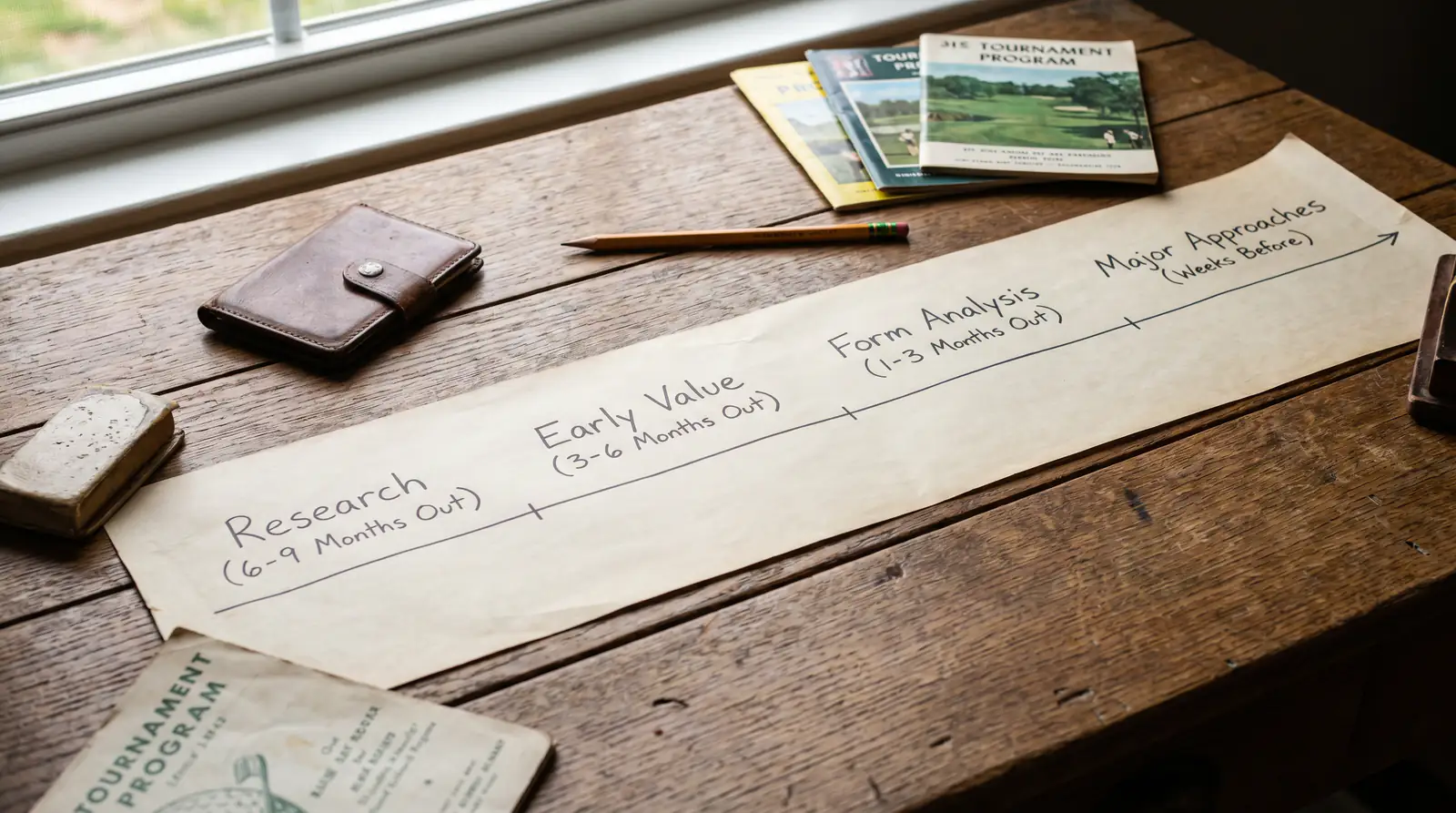 Timeline showing optimal antepost betting windows before a Major golf tournament