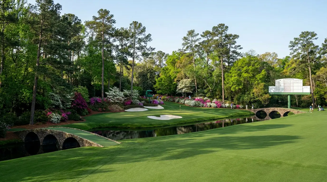 Augusta National golf course showing the iconic par-3 12th hole setting