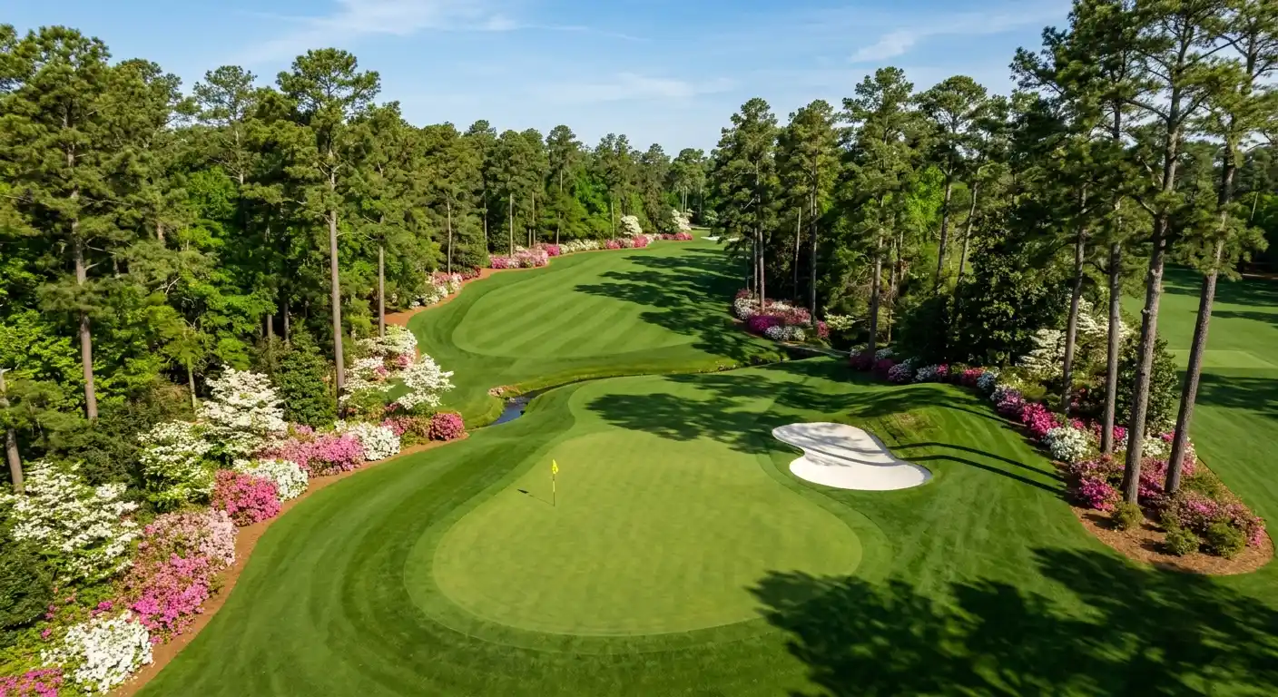 An aerial view of a lush Augusta National-style parkland course showing elevated elevated green complexes, tree-lined fairways, and azalea-bordered approach corridors on a clear spring morning