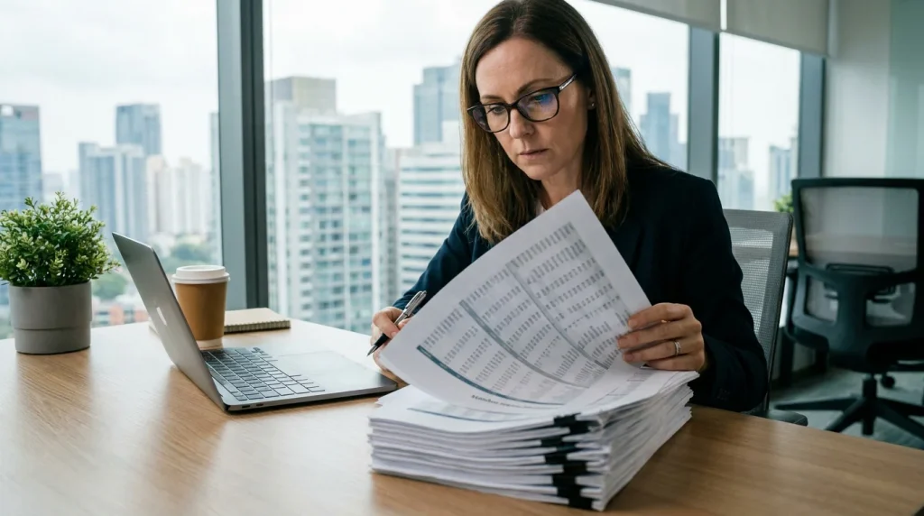 Golf betting analyst reviewing verified tipster track record documents at a desk