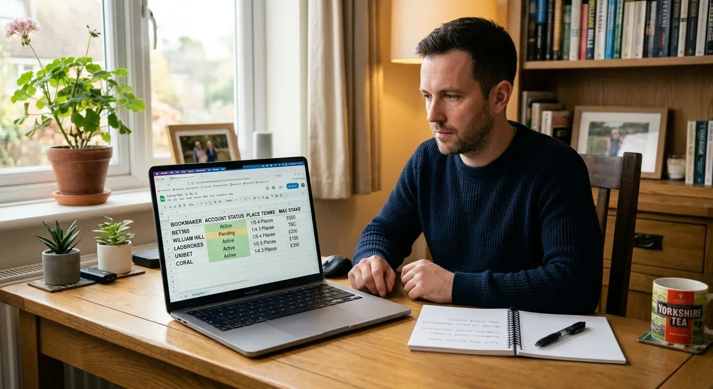 A male bettor in casual clothing sits at a desk with a laptop showing multiple bookmaker tabs open, surrounded by a notebook with account notes — managing a multi-bookmaker each-way system