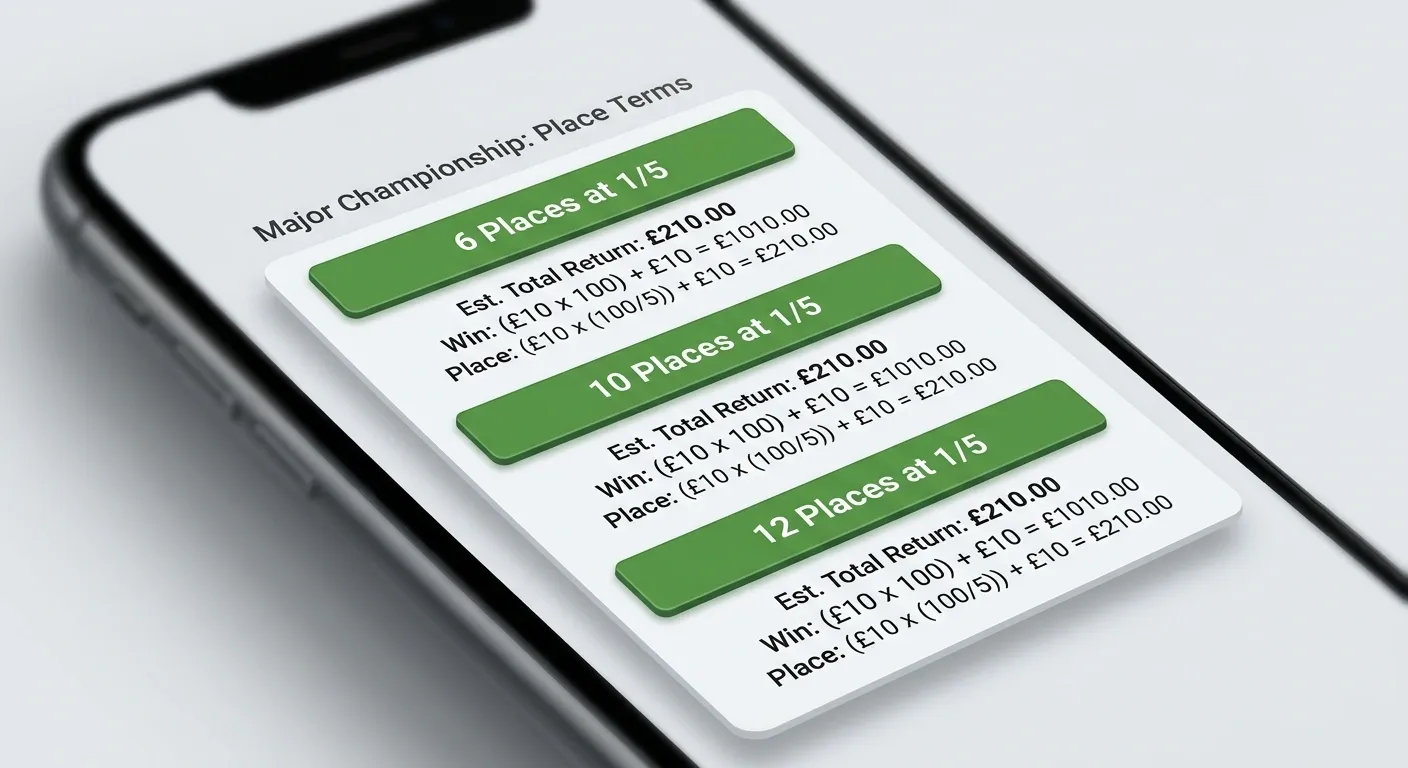 BoyleSports Pick Your Place feature showing 6 10 and 12 place options at 1/5 odds for Major golf