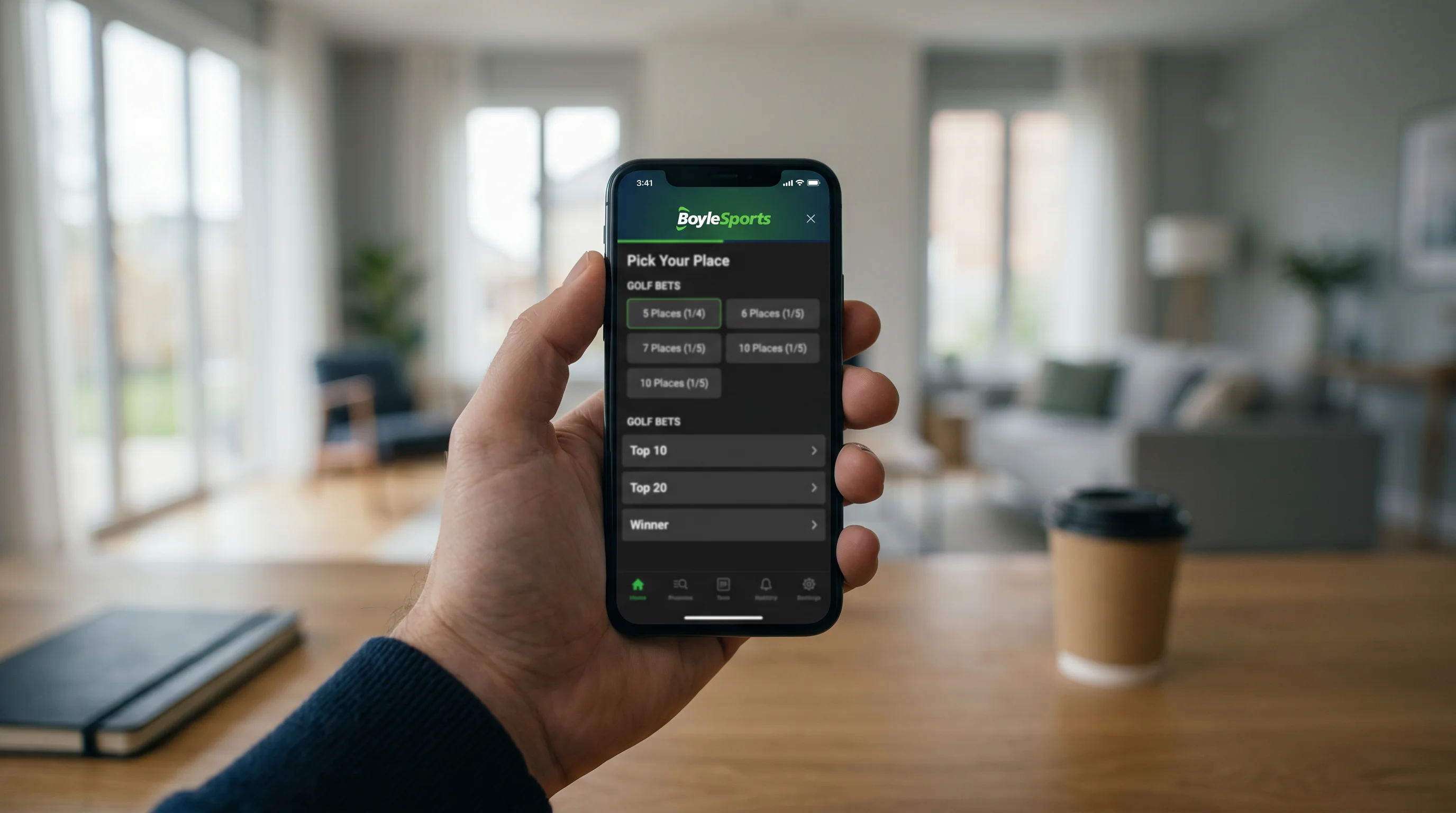 BoyleSports Pick Your Place interface showing place selection options for golf bets