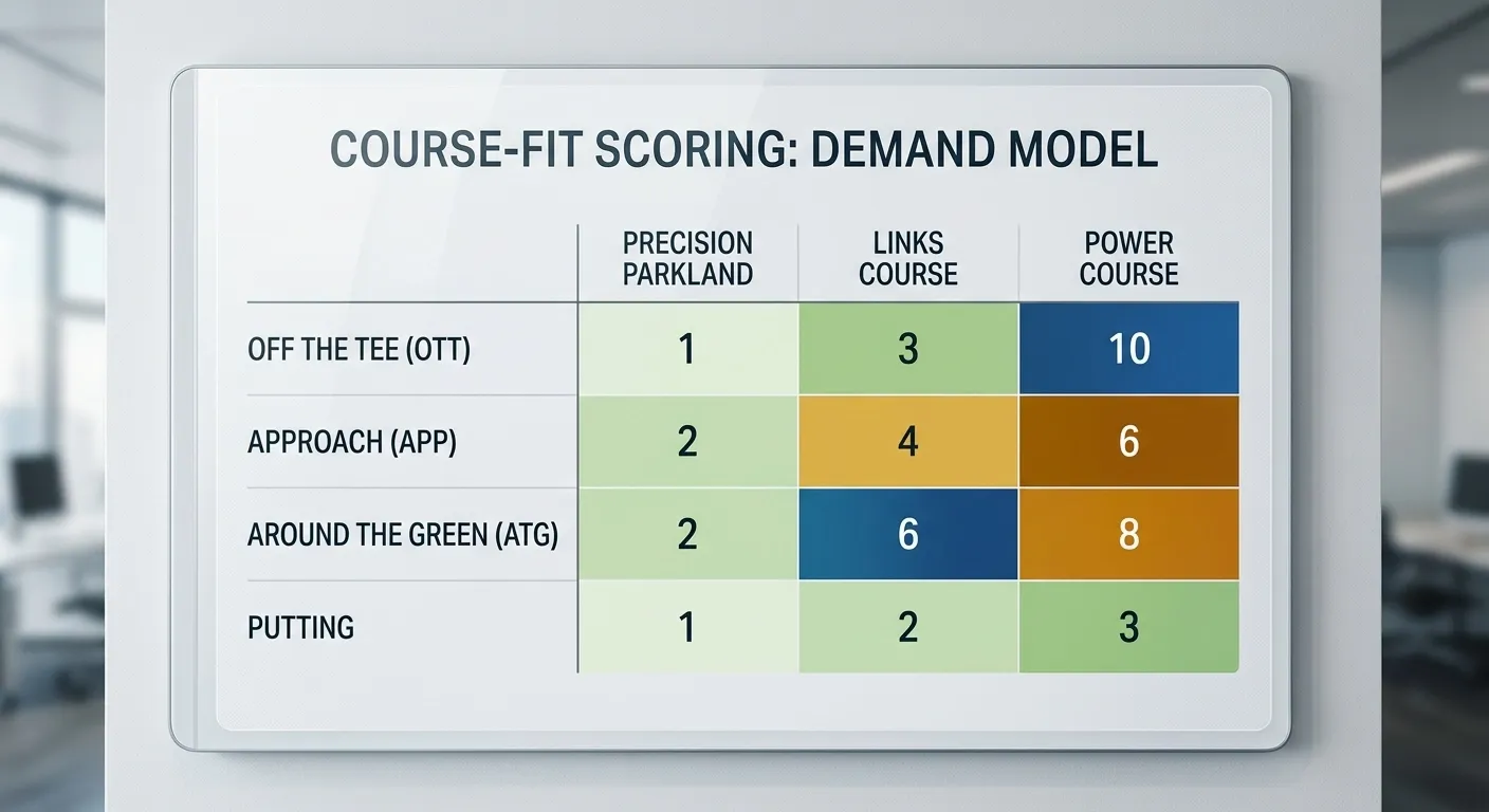 Course fit scoring demand model showing how course characteristics map to strokes gained categories