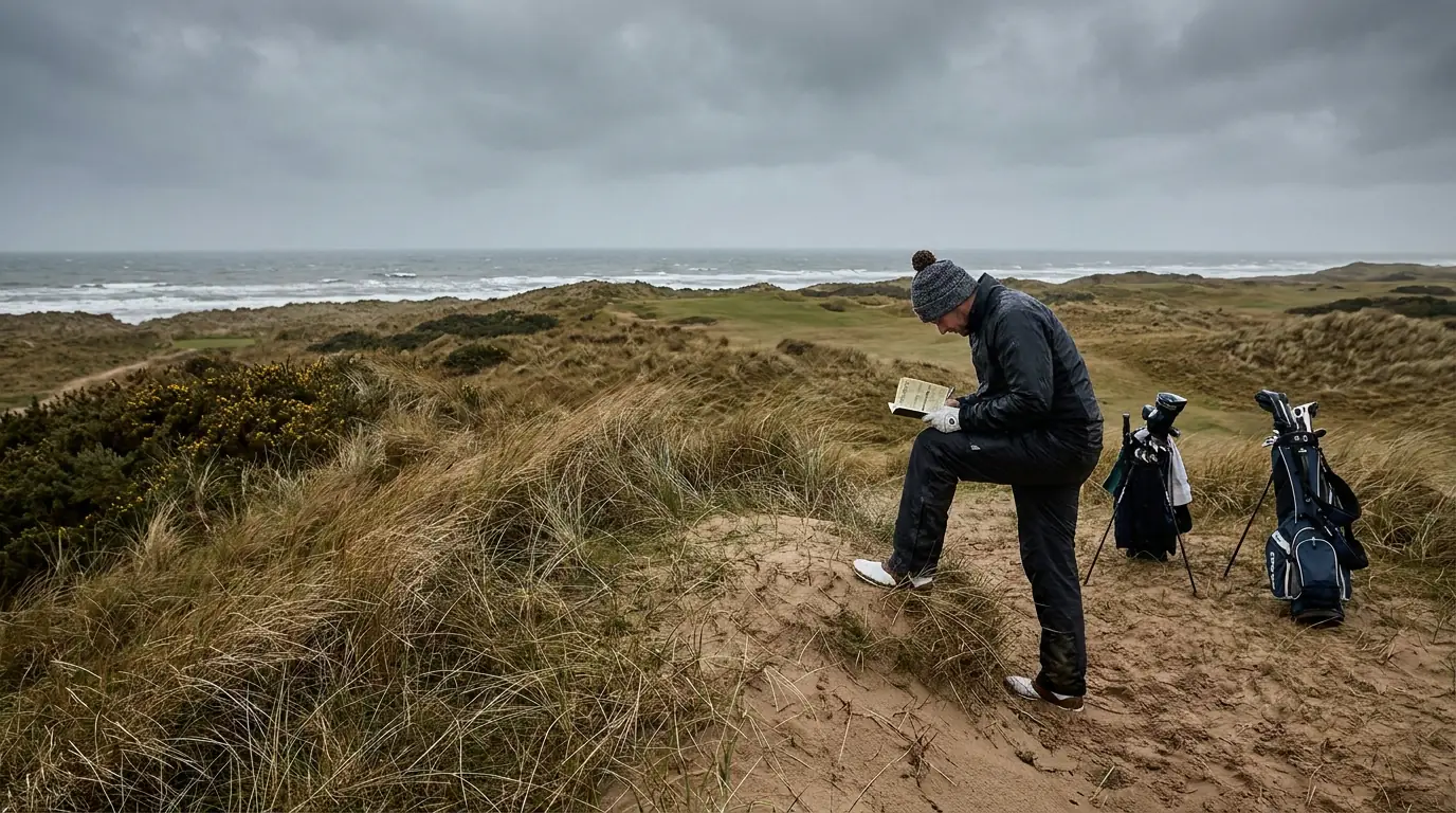 Golfer analysing course yardage book before a three-ball matchup on a links course