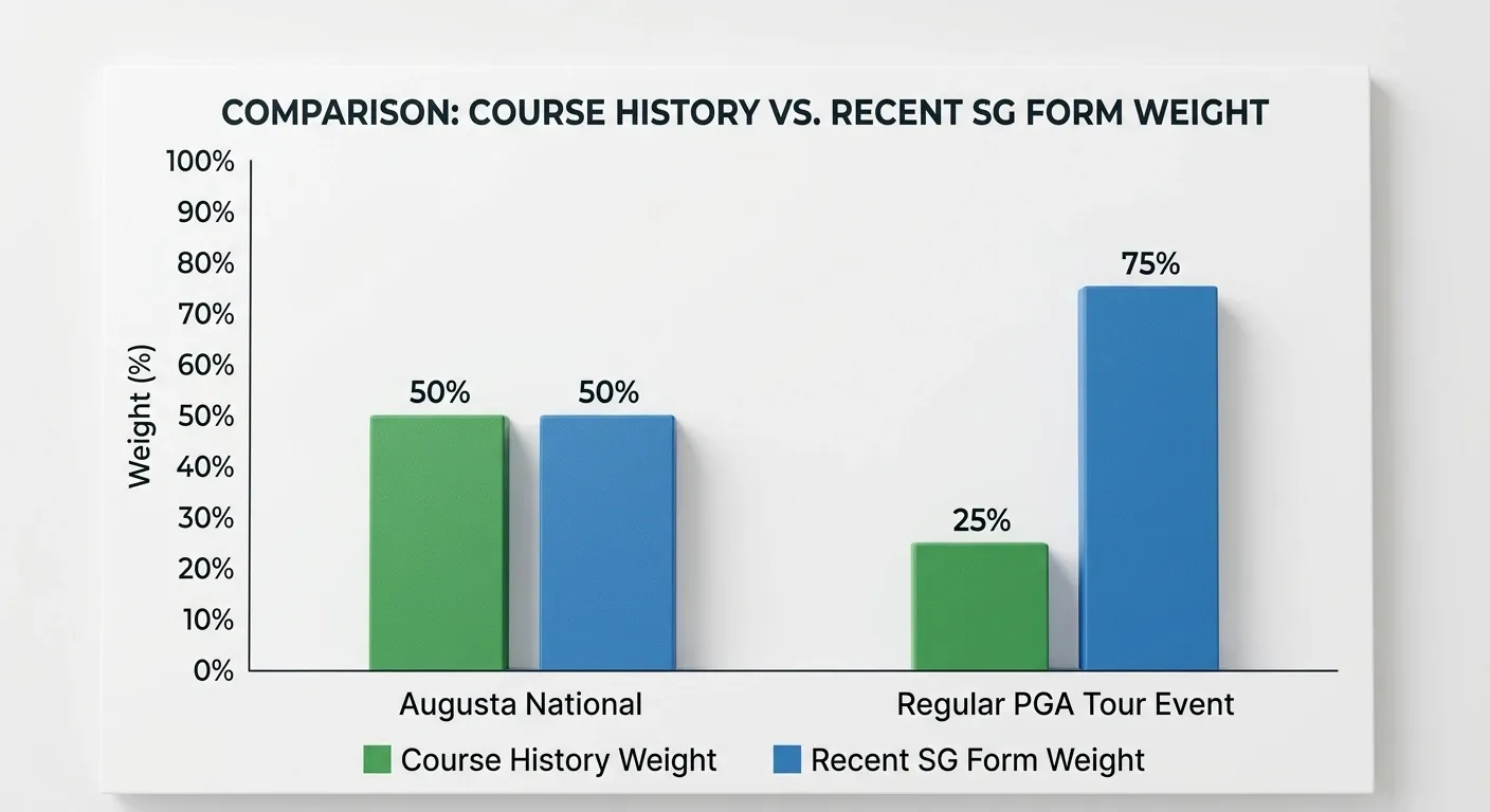 Course history versus recent form weighting chart showing Augusta at 50 percent versus regular tour events at 20-30 percent