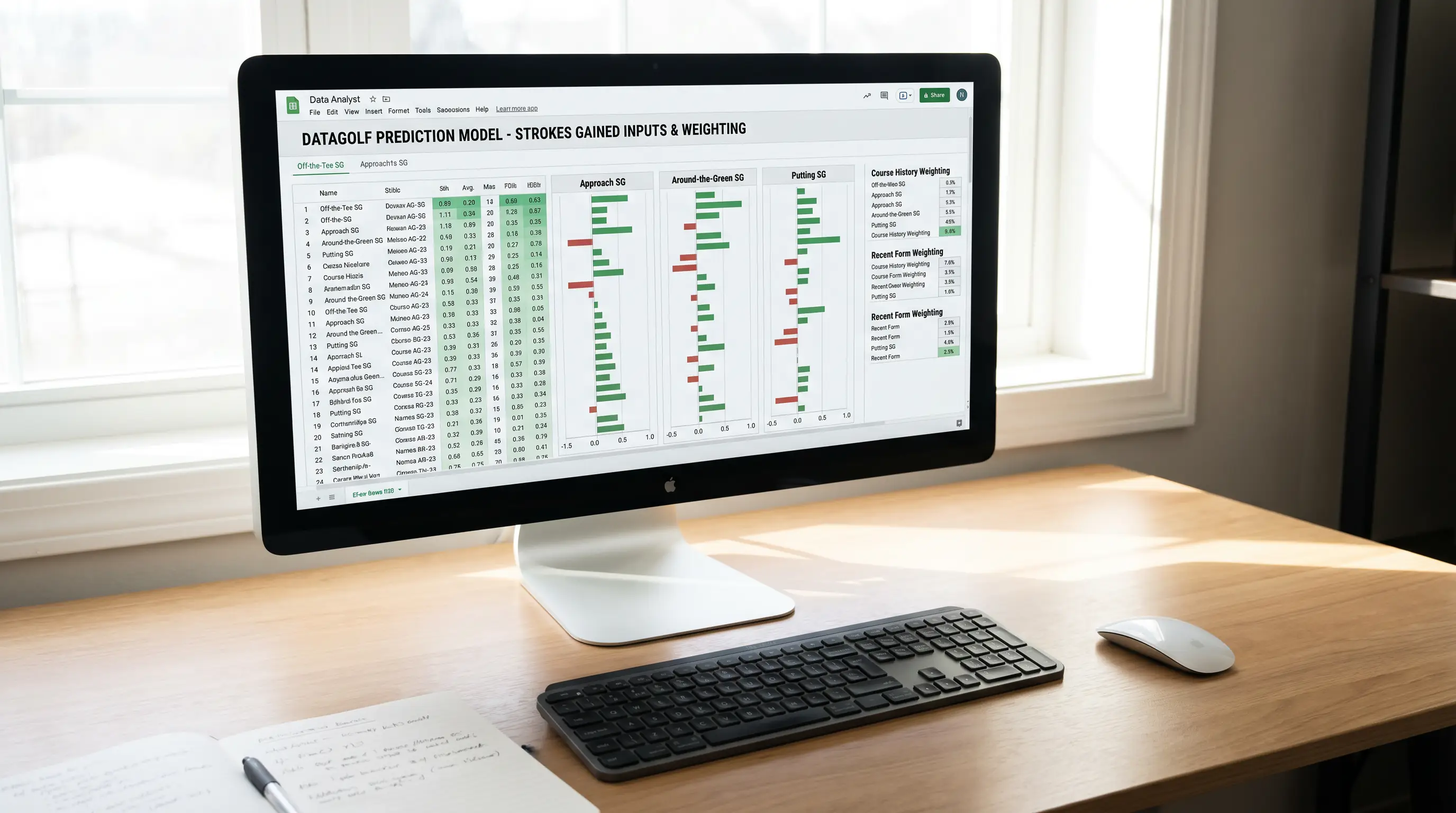 DataGolf prediction model showing strokes gained inputs and weighting parameters
