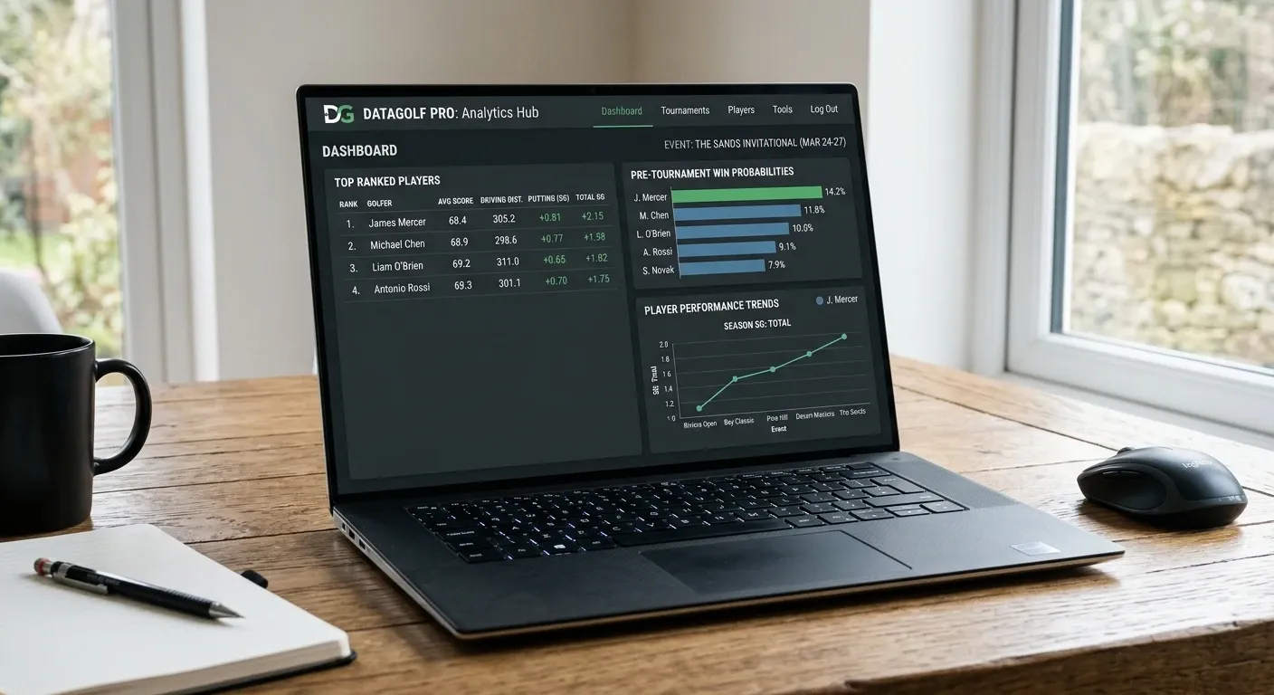 DataGolf analytics platform showing pre-tournament win probabilities and SG data for golf betting
