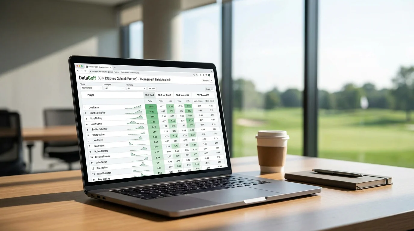 DataGolf SG:P statistics page showing putting data for tournament field analysis