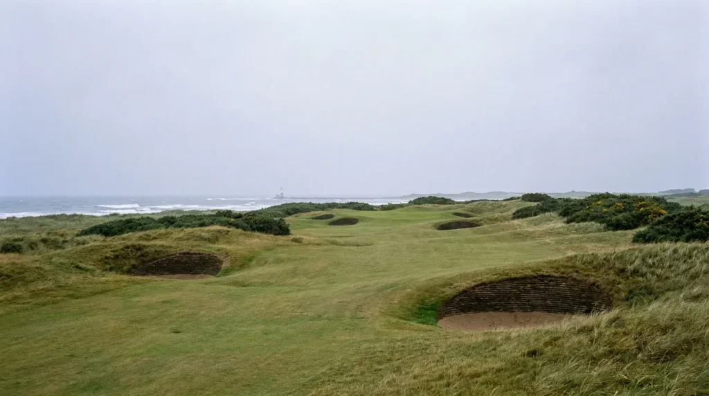 Links golf course on overcast day showing DP World Tour style coastal venue