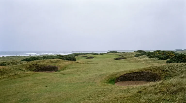 Links golf course on overcast day showing DP World Tour style coastal venue