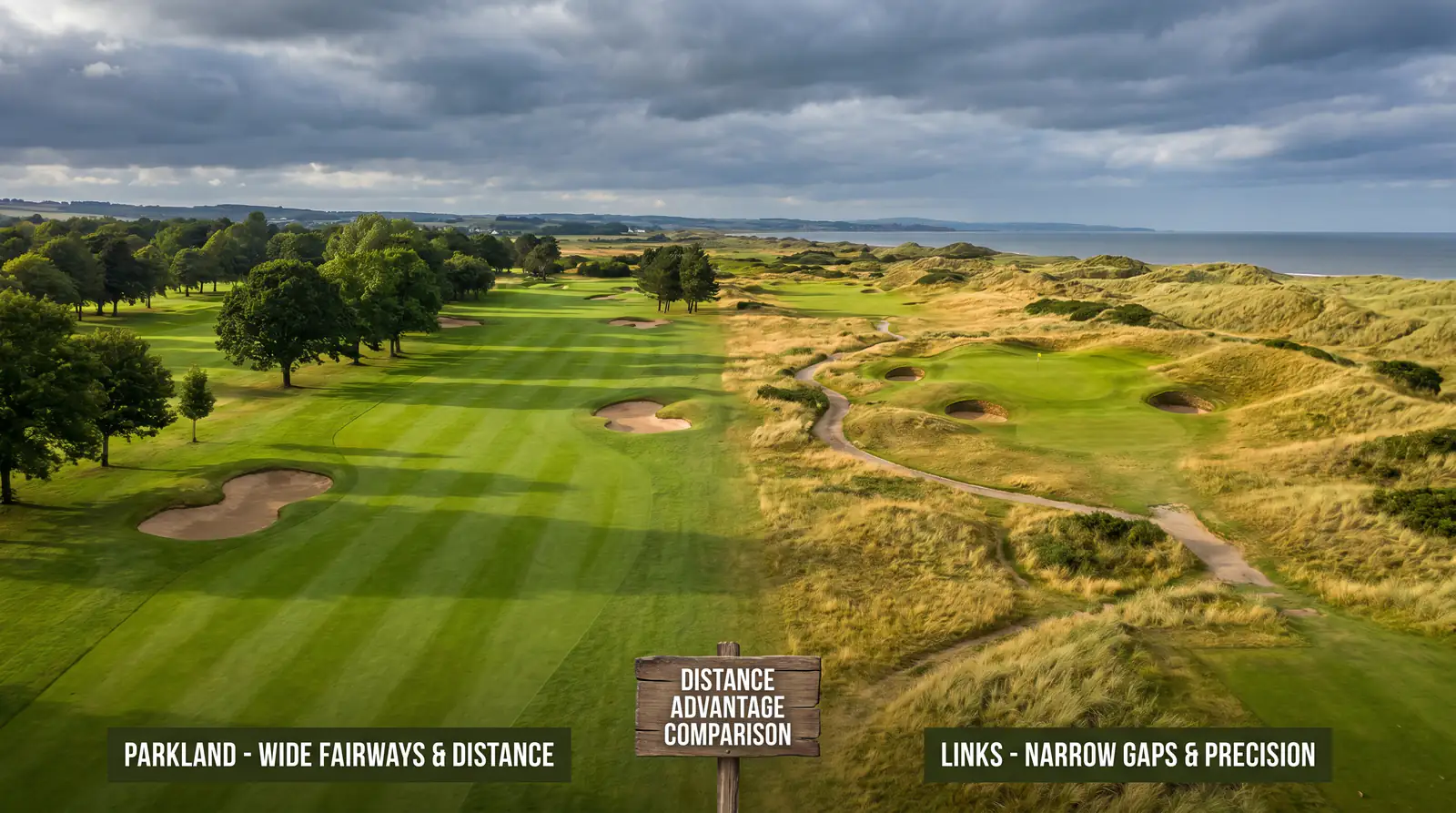 Aerial comparison showing open parkland versus tight links where distance advantage differs