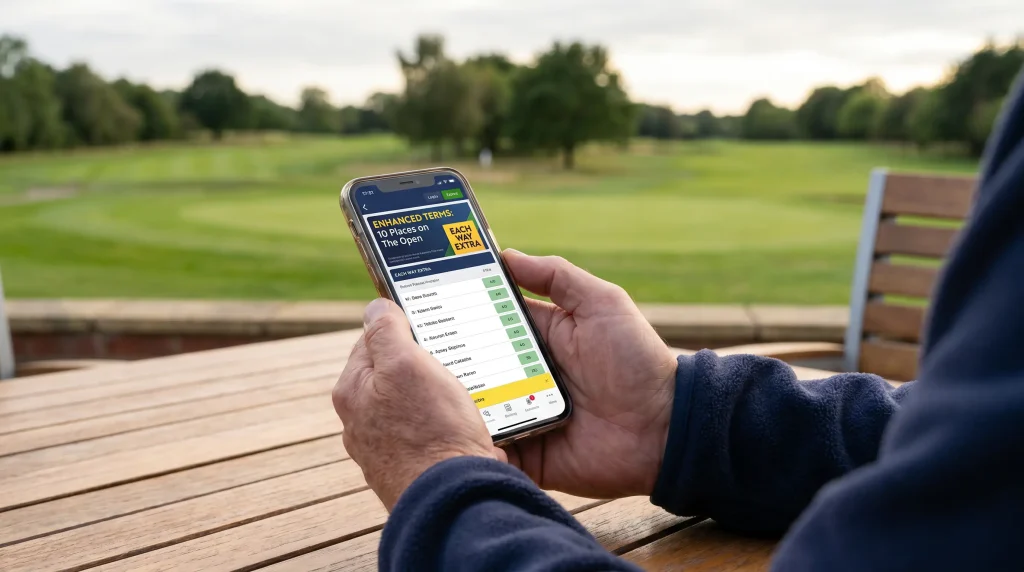Golf bettor reviewing enhanced each-way terms offer on a betting app at a course