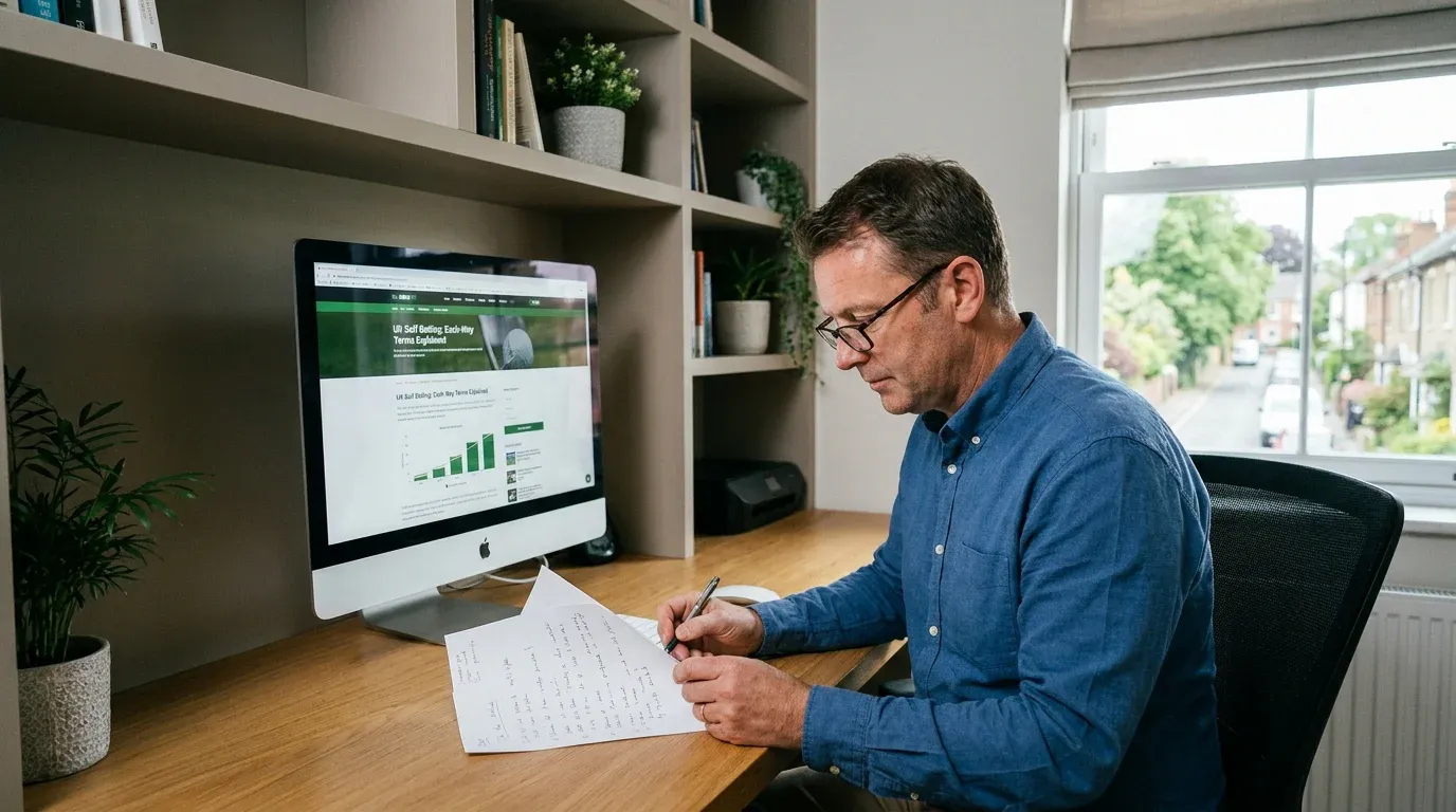 Golf bettor reviewing each-way terms explanation at a UK bookmaker