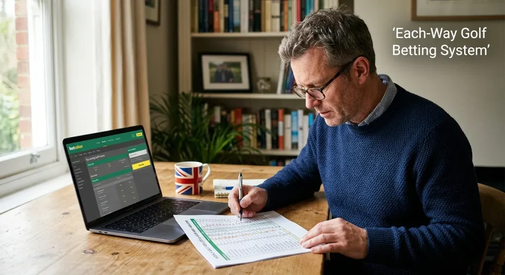 UK each-way golf betting system overview with place terms comparison chart