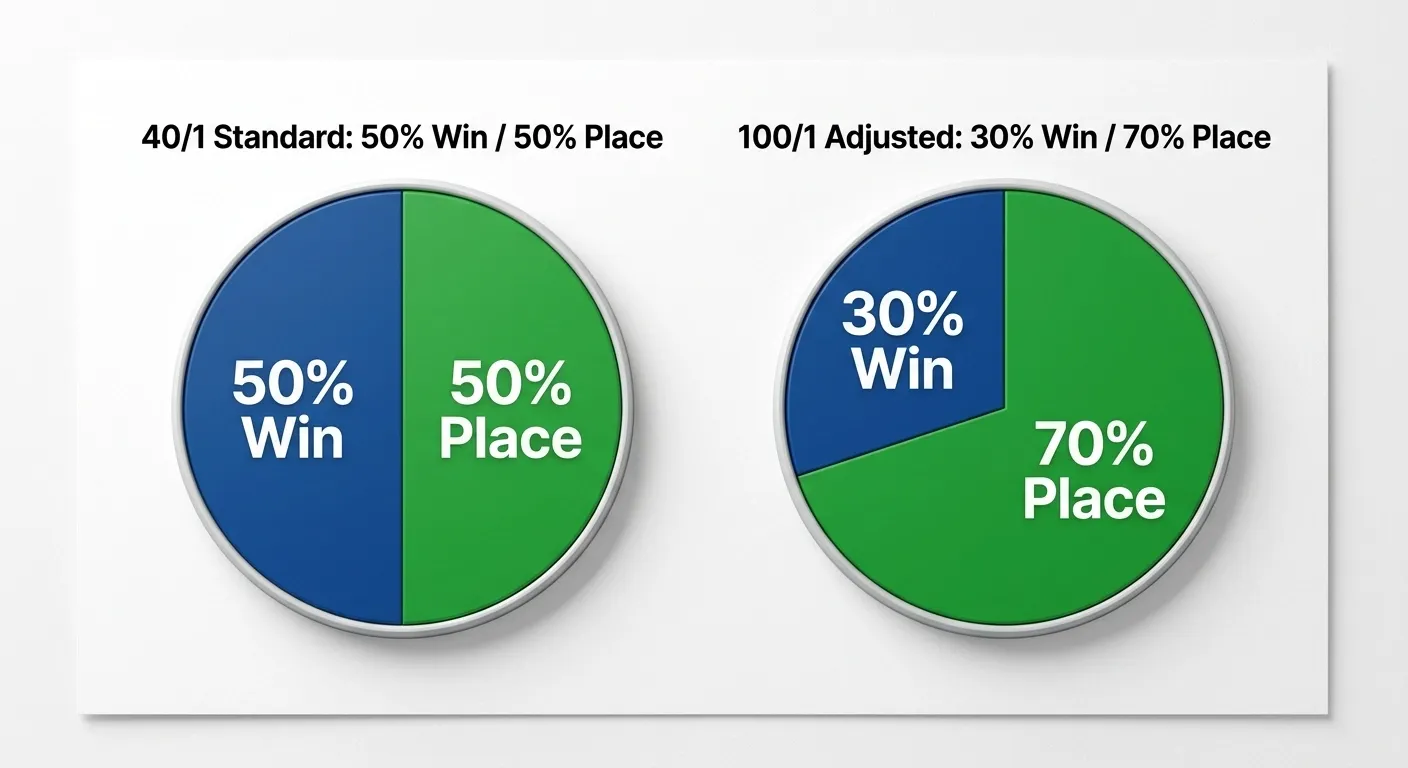 Each-way outsider staking rule showing reduced win stake and increased place stake for 66/1 plus selections