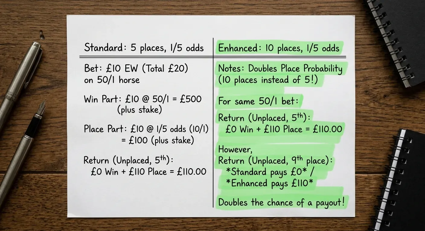 Clean comparison graphic showing two columns: standard 5-place each-way terms versus enhanced 10-place each-way terms, with return calculations at 50/1 for a UK golf bettor