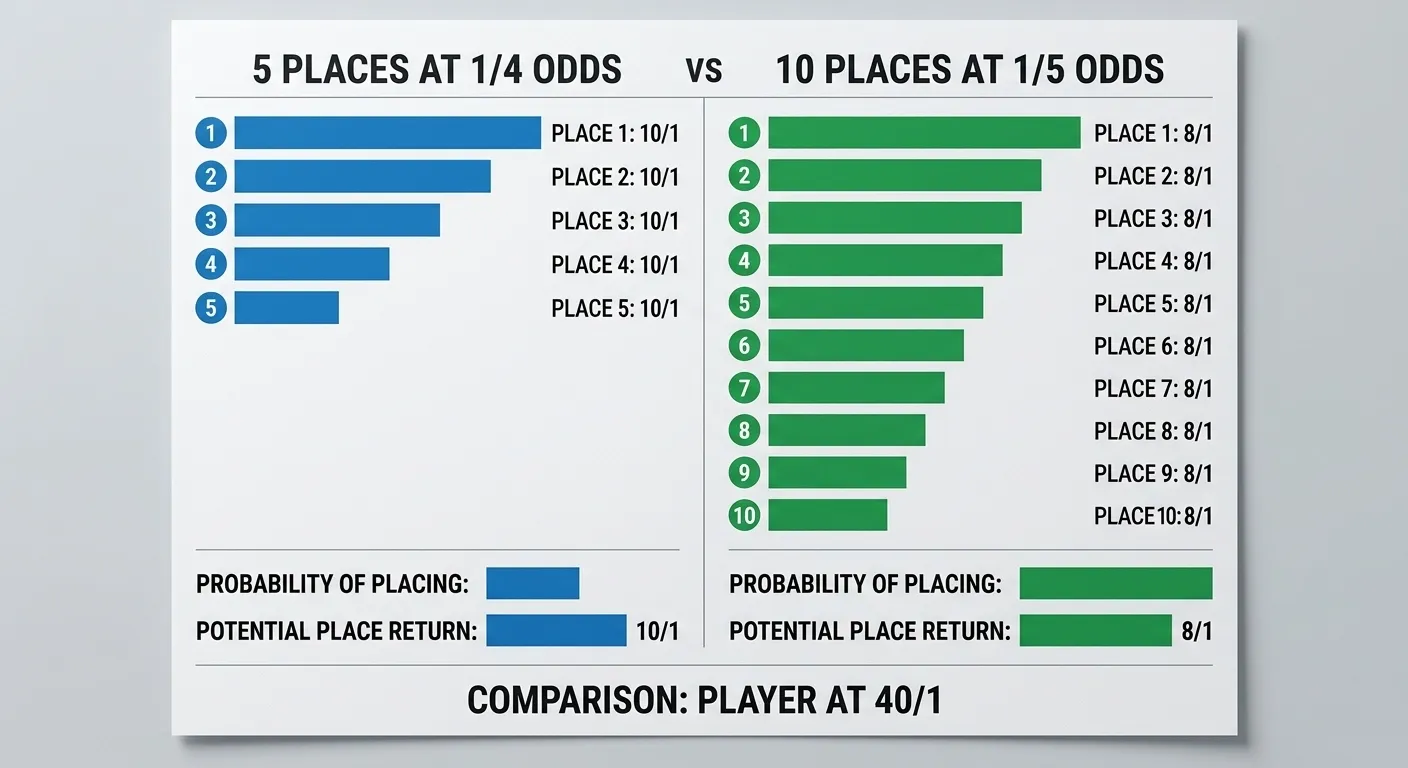 Each-way place terms comparison showing 1/4 vs 1/5 odds returns for UK golf bettors