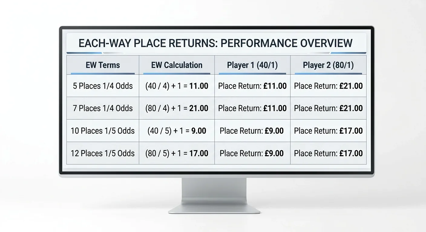 Each-way place terms table showing return calculations for different places and fractions at 40/1 and 80/1