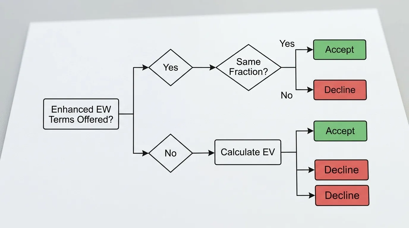 Enhanced each-way terms decision framework showing step-by-step comparison of accept versus decline logic