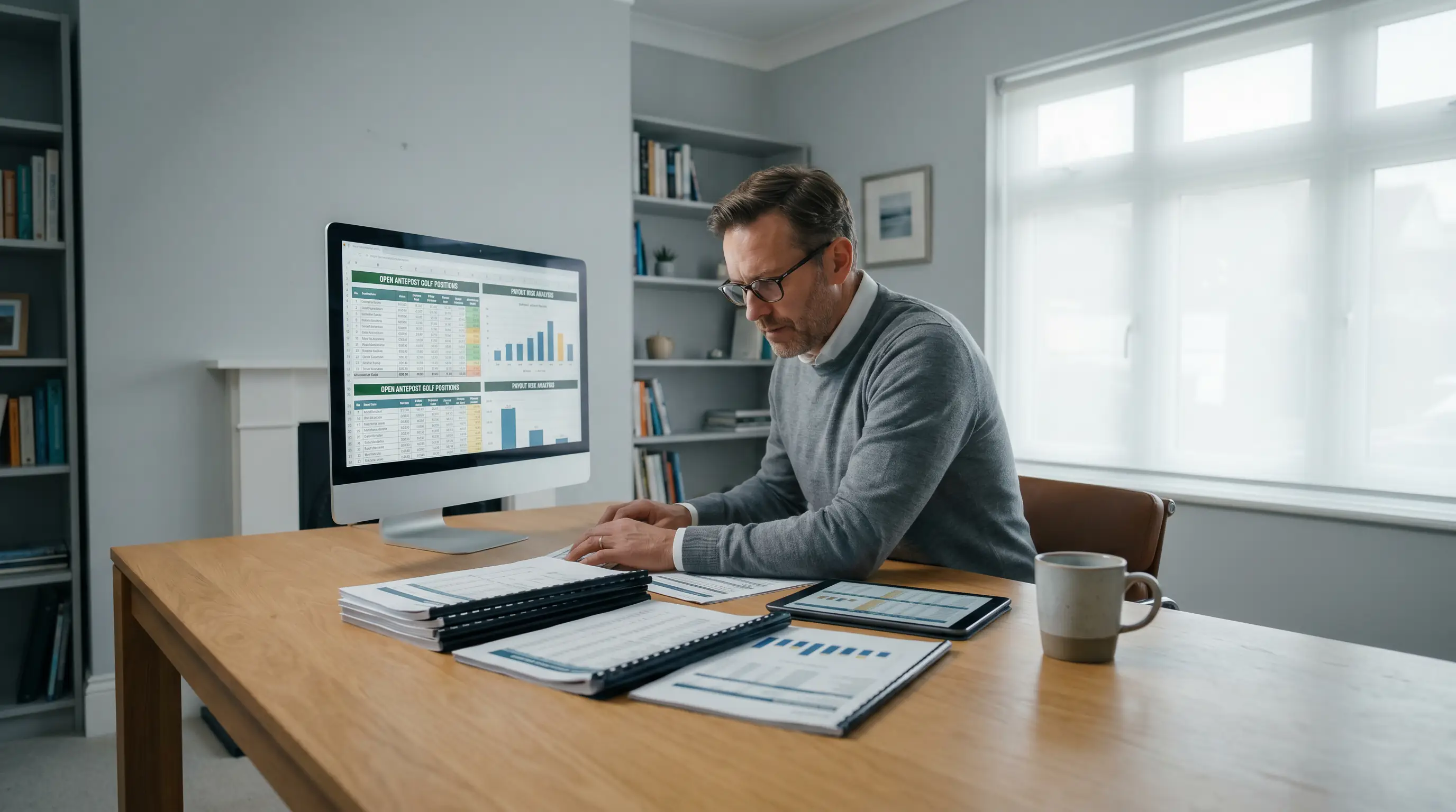 Golf bettor reviewing withdrawal risk data for antepost position management
