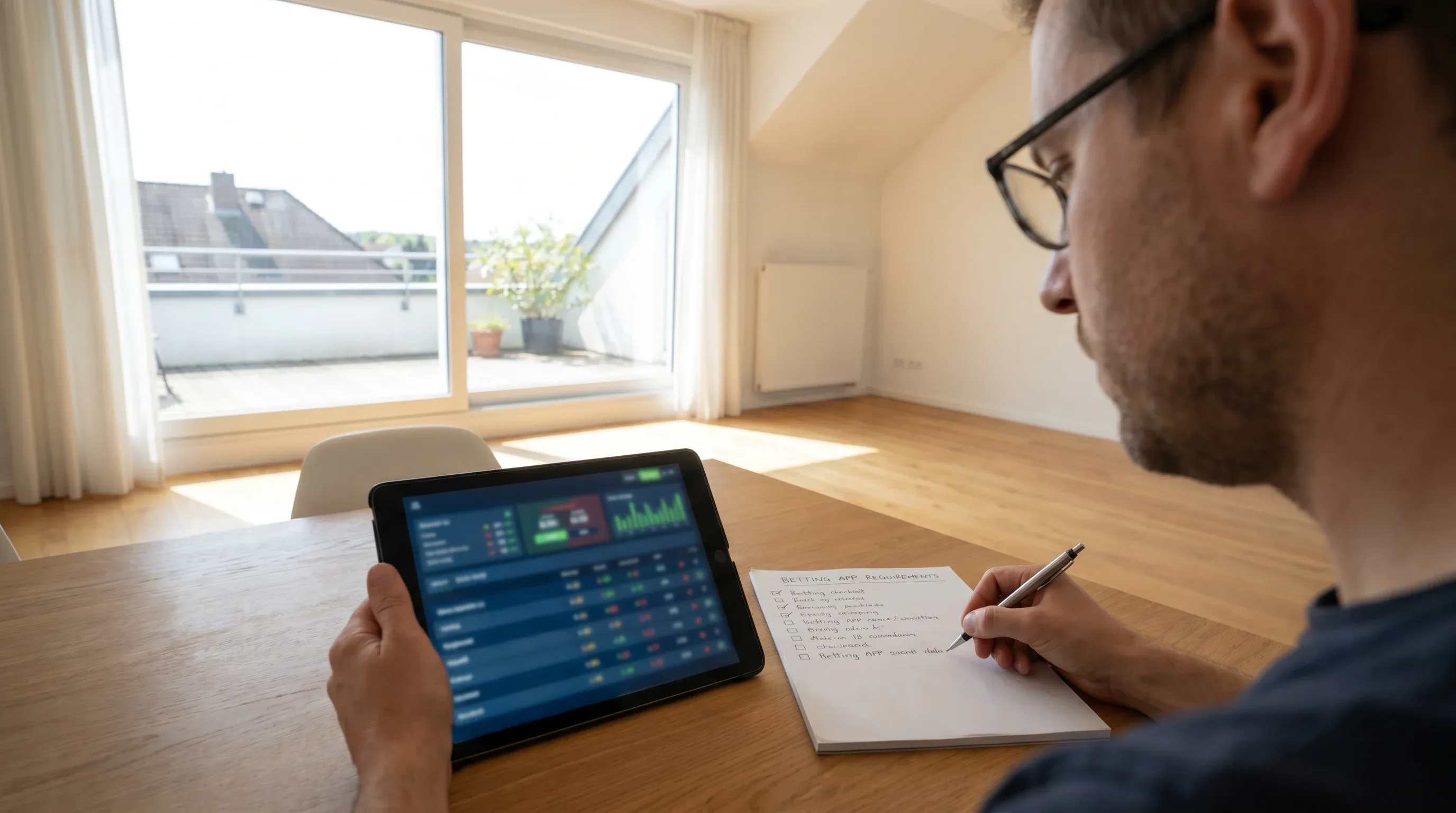 Systematic bettor reviewing mobile betting app against checklist of required features