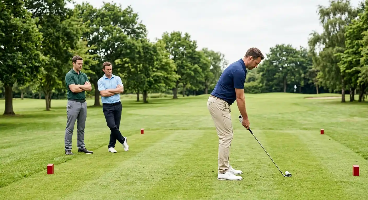 Three male golfers on a par-3 tee box preparing to play, with one clearly addressing the ball with a precise iron while the other two watch — illustrating 3-ball matchup betting dynamics