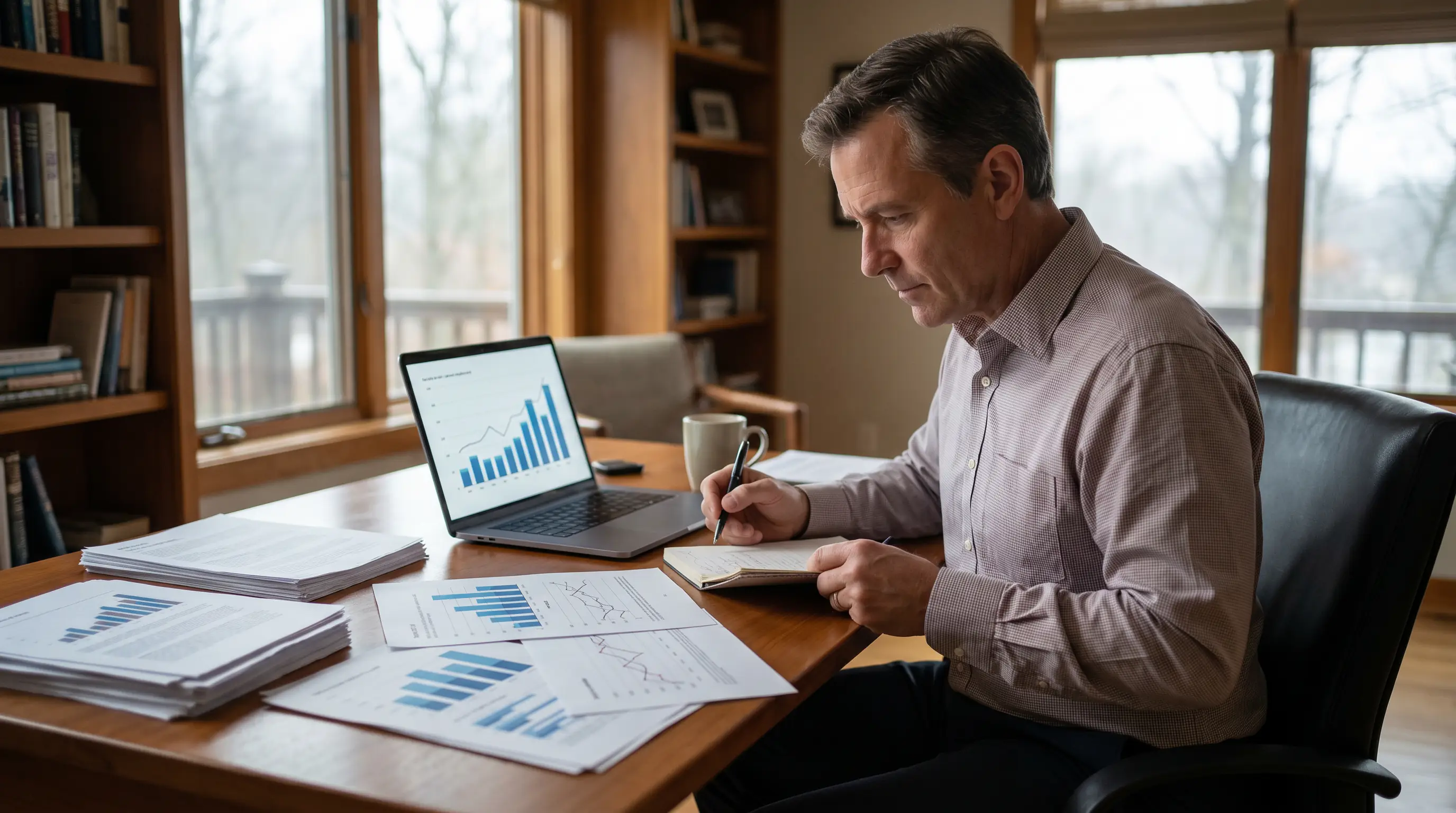 Systematic bettor conducting annual golf betting results review with data charts