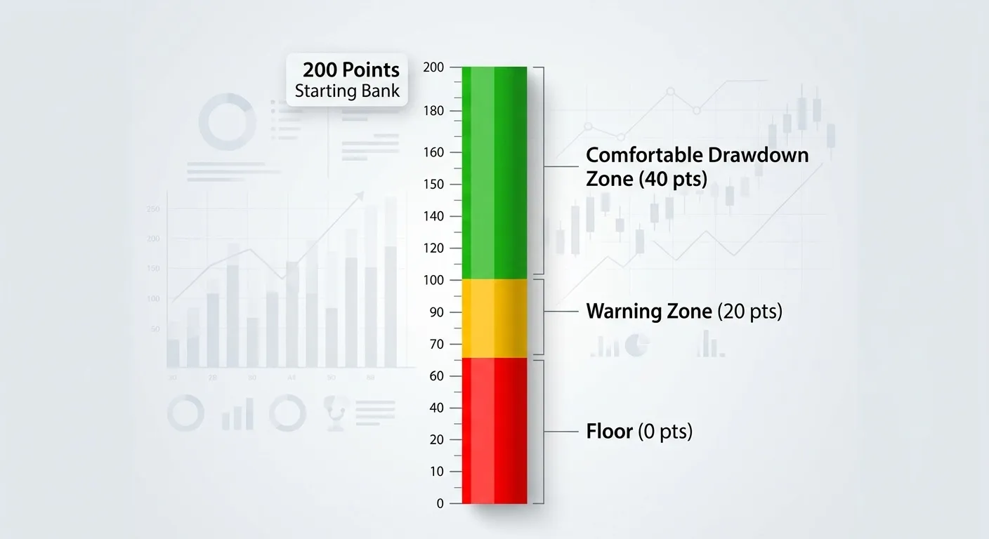 Golf betting bank size framework showing 200-point starting bank with drawdown cushion zones
