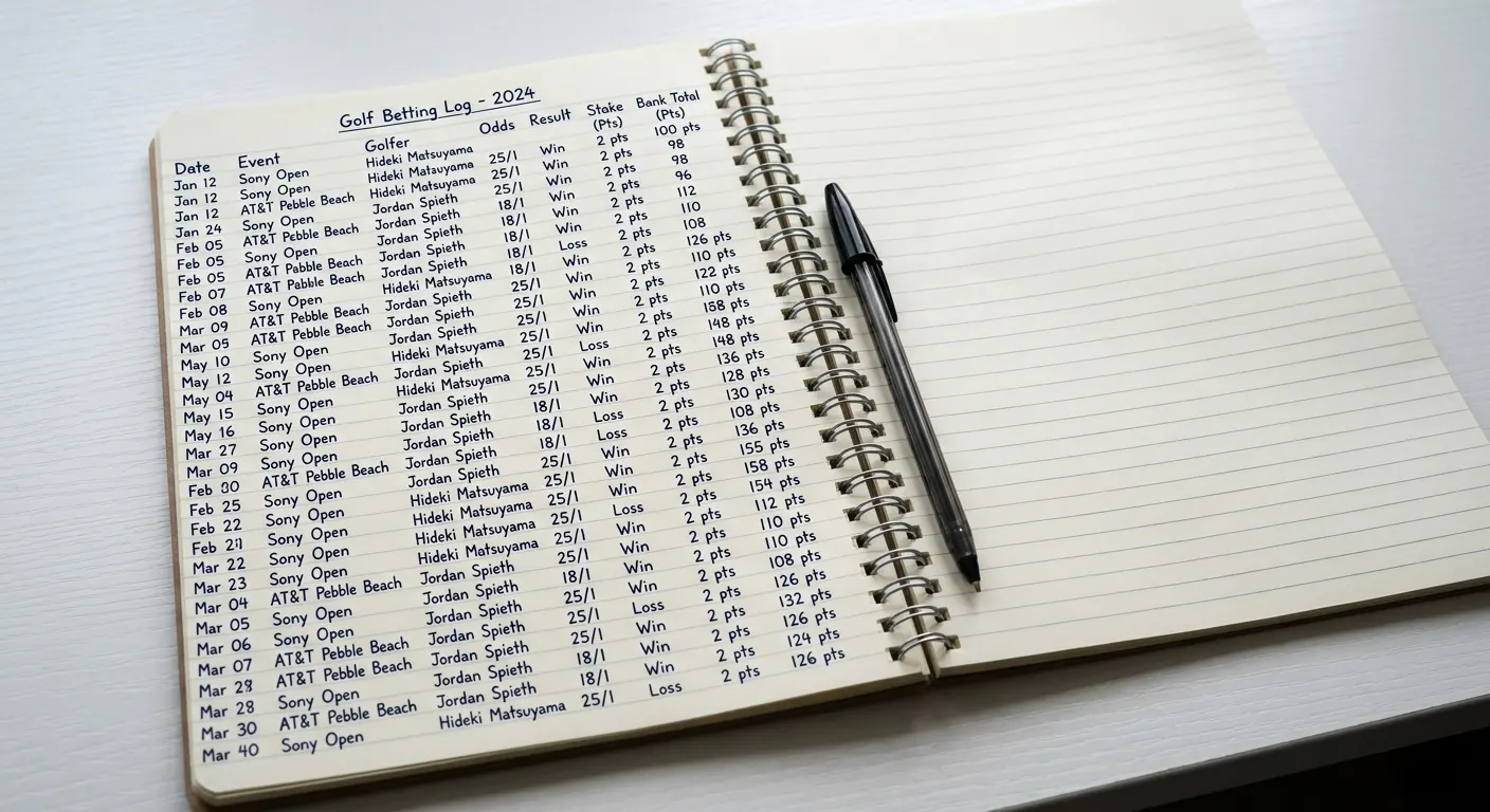 A lined notebook page with a handwritten level-stakes staking log showing 40 consecutive golf outright bets, all at 2% of bank, with running balance tracked in the right margin