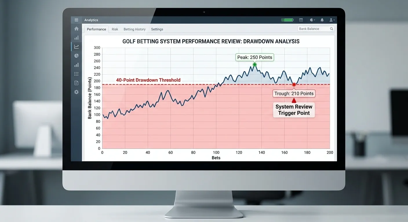 Golf betting maximum drawdown review framework showing 40-point threshold for system audit