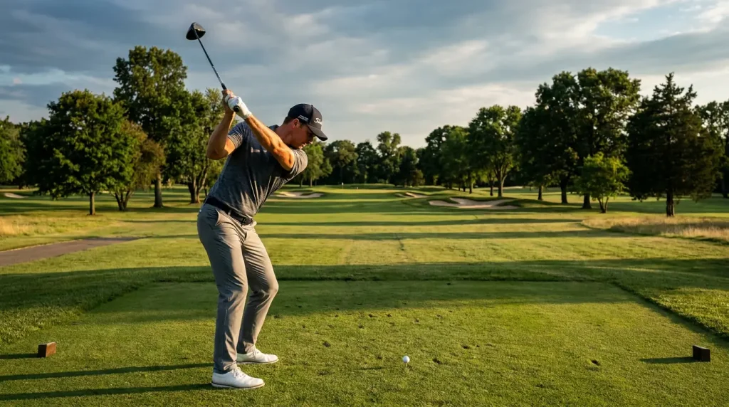 Golfer with driver on tee showing powerful swing at a wide-open parkland venue