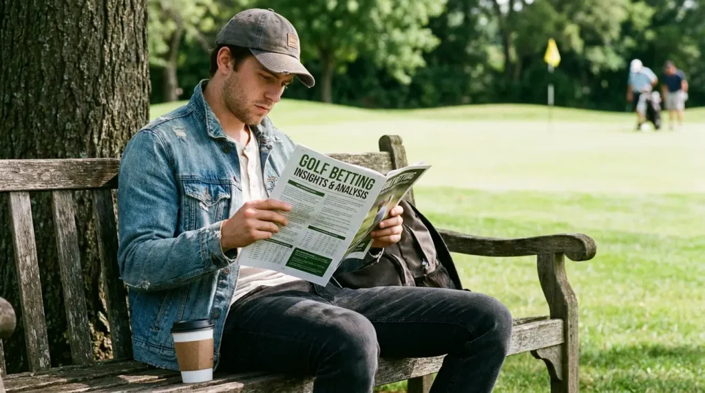 New golf bettor reading a systematic betting guide next to a golf course