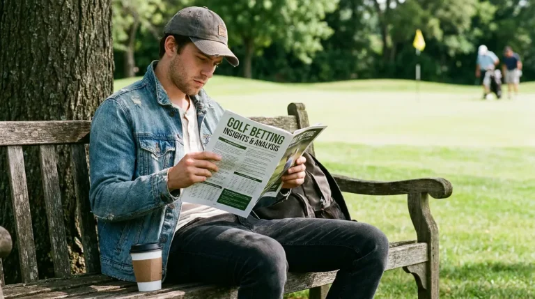 New golf bettor reading a systematic betting guide next to a golf course