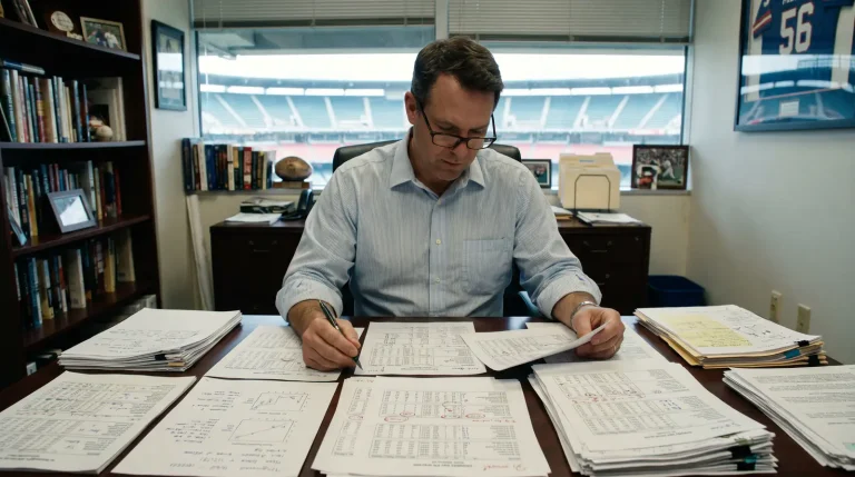 Golf analyst reviewing player recent round data and statistics for form assessment