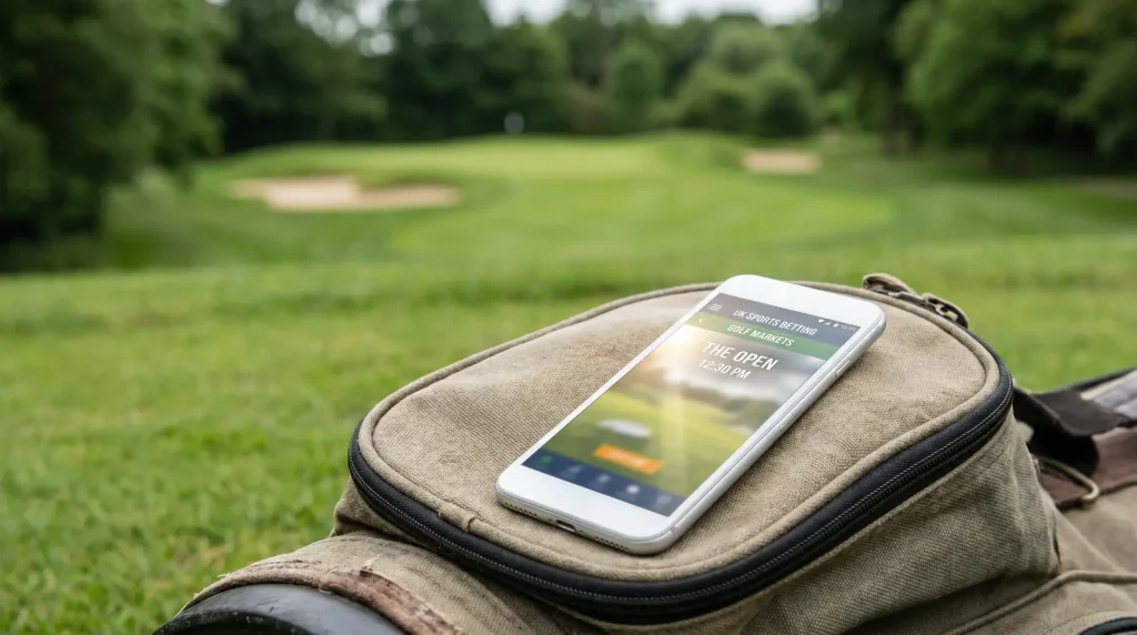 Smartphone showing UK golf betting app with each-way markets and live odds open