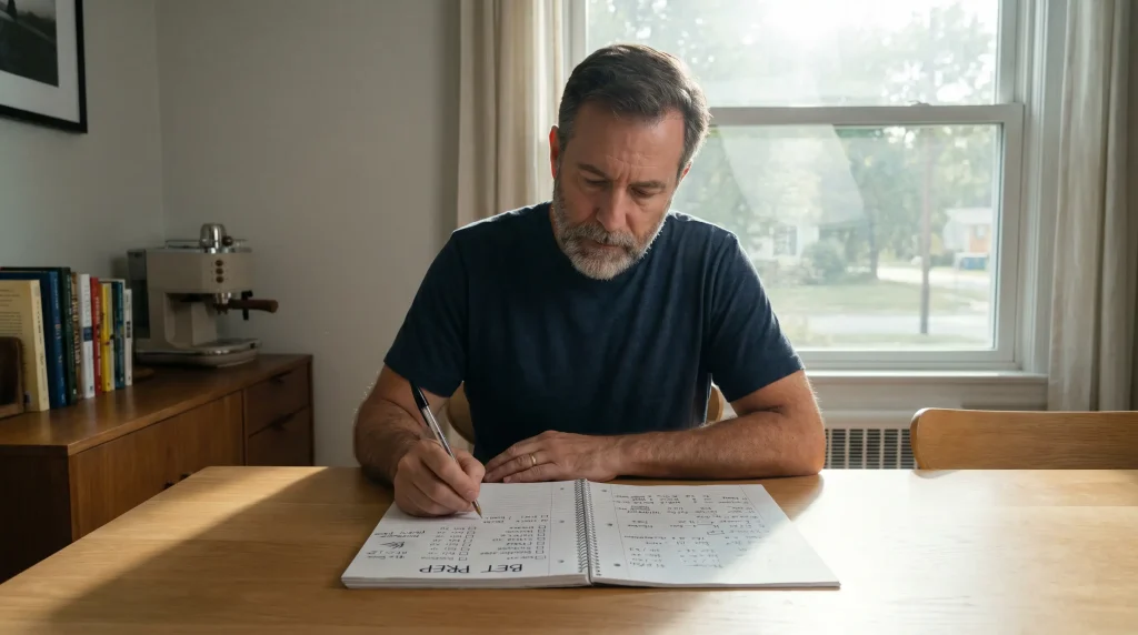 Systematic golf bettor reviewing pre-tournament preparation notes before placing bets
