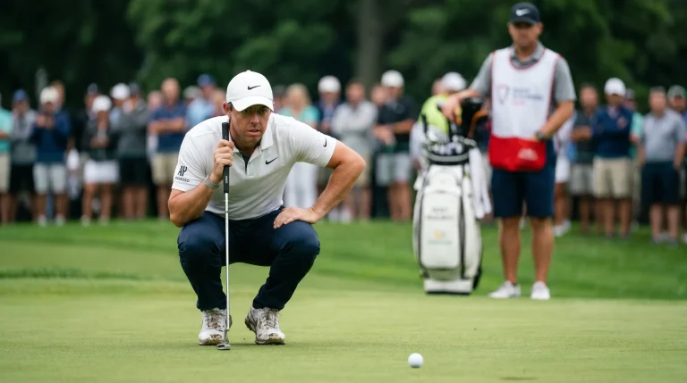 Golfer addressing a putt on a smooth championship green during tournament play