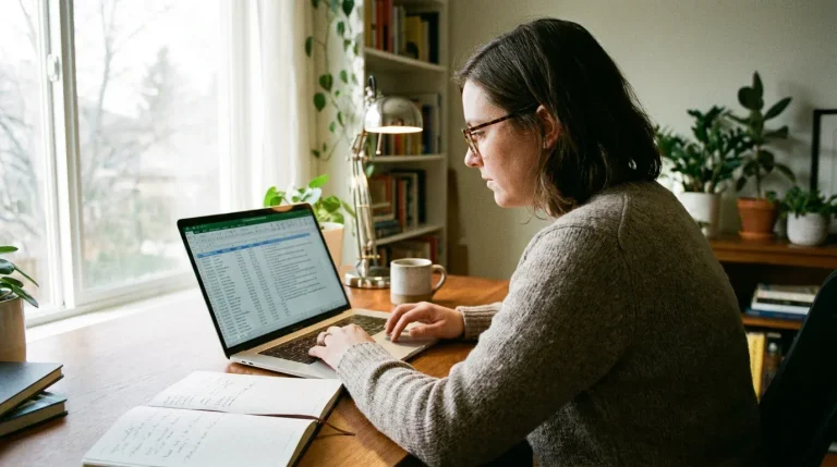 Golf bettor reviewing systematically kept betting records in a spreadsheet on laptop
