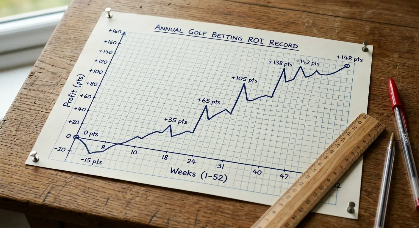 A clean line graph on graph paper showing cumulative profit points over a 52-week golf betting season, starting at zero and ending at +148 points with several peaks and troughs along the way