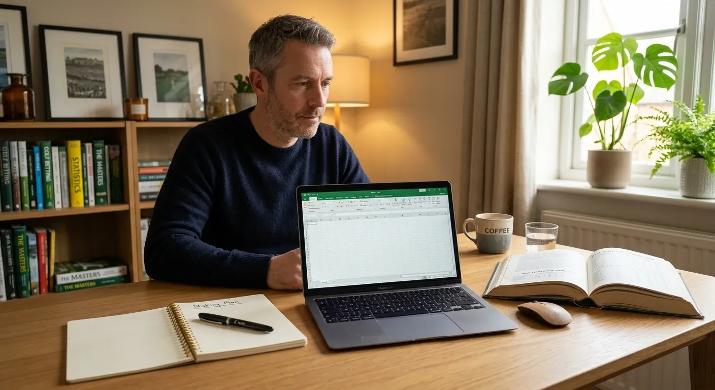 A focused male bettor at a tidy home desk