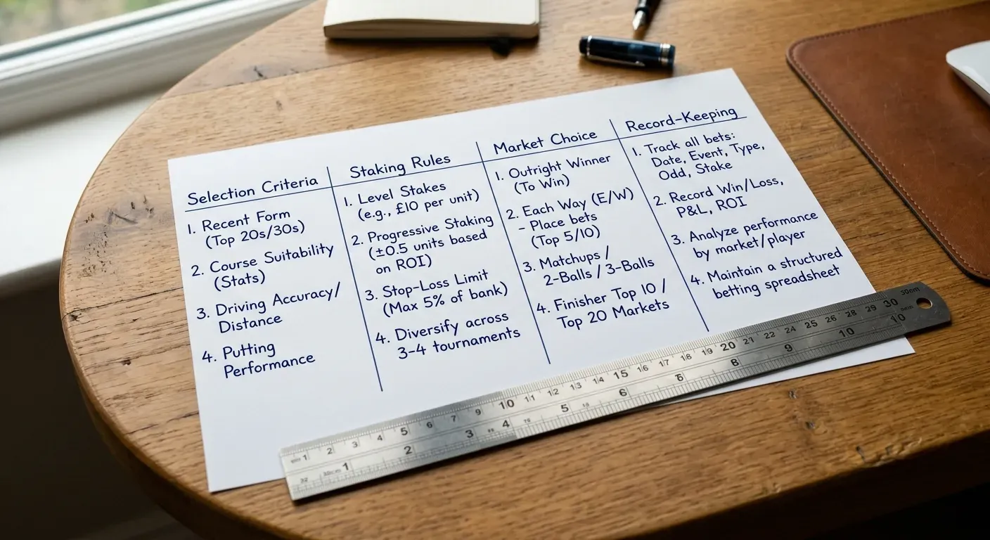 A written four-column framework grid on paper showing selection criteria, staking rules, market choice, and record-keeping — the four components of a golf betting system