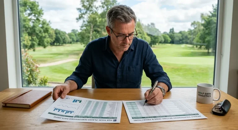 Golf analyst comparing player probability estimates against bookmaker prices on paper