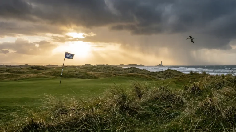Links golf course with flags bending in strong wind showing weather impact on play