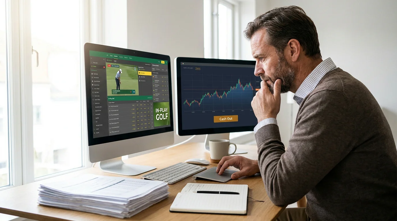 Bettor reviewing in-play golf position deciding on cash-out versus holding