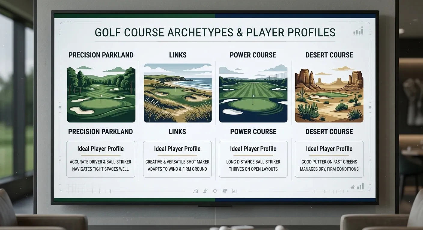 Golf course archetypes showing precision parkland power course links and desert player profile matches