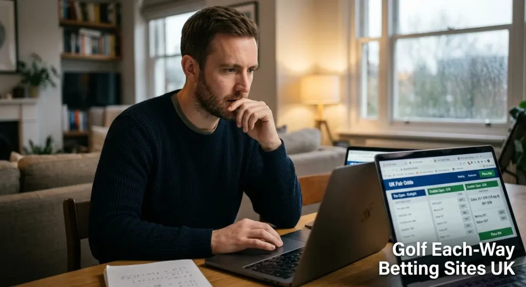Best golf each-way betting sites UK 2026 showing bet365 BoyleSports and Coral place terms comparison