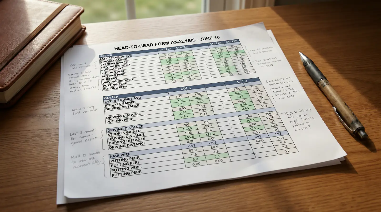 Golf statistics sheet comparing recent form data for head-to-head betting analysis