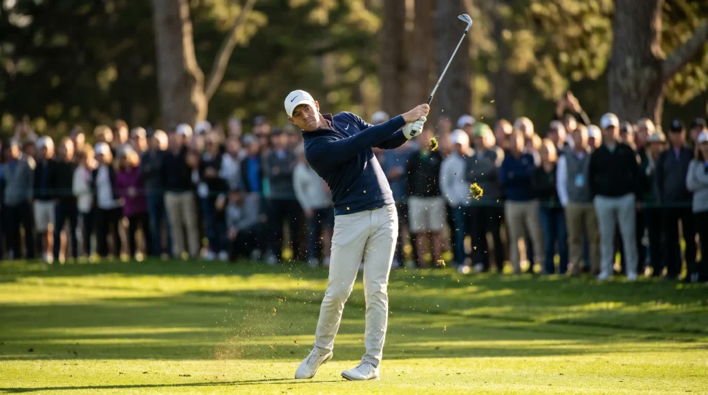 Golfer mid-iron shot on a tournament fairway while live odds update on mobile